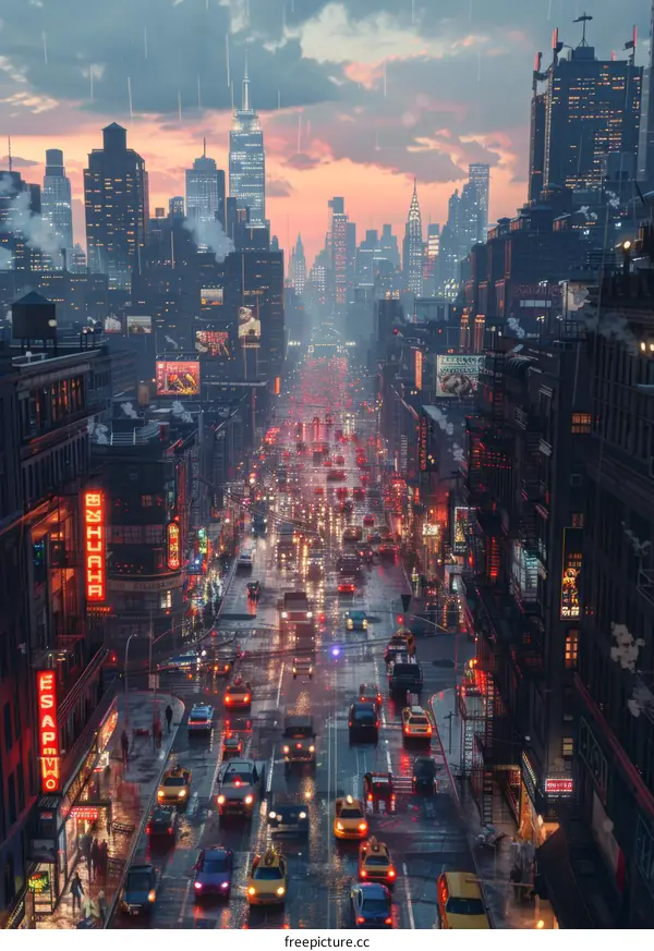 Rainy Cityscape Illustration with Many People