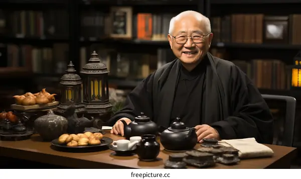 Portrait of a smiling elderly Asian man in traditional clothing sitting at a desk in a library