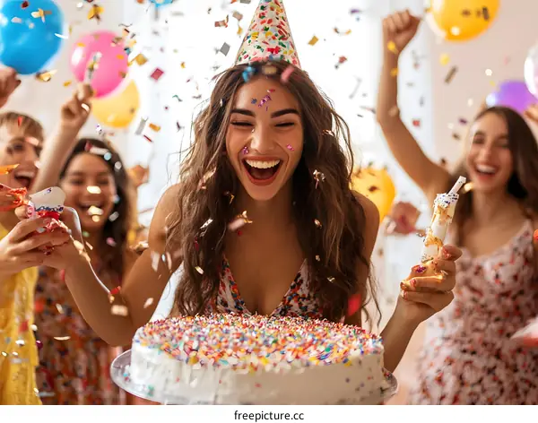 Birthday Party Celebration With Confetti And Cake