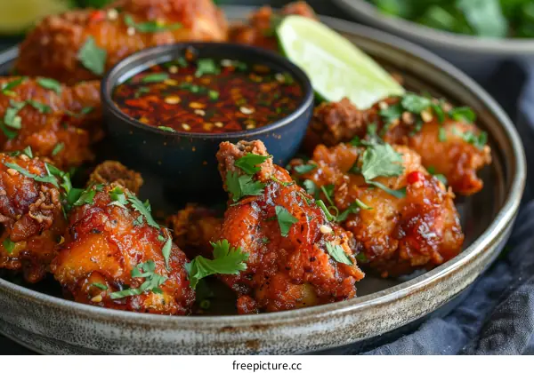 Fried chicken wings with spicy chili sauce