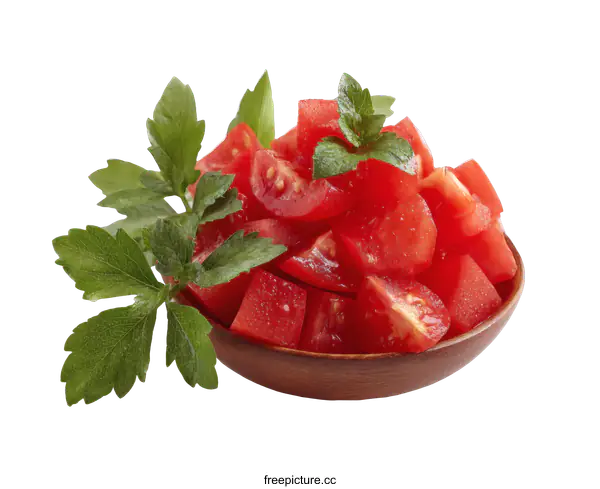 [Transparent Background PNG]Close Up of Diced Tomatoes in Wooden Bowl