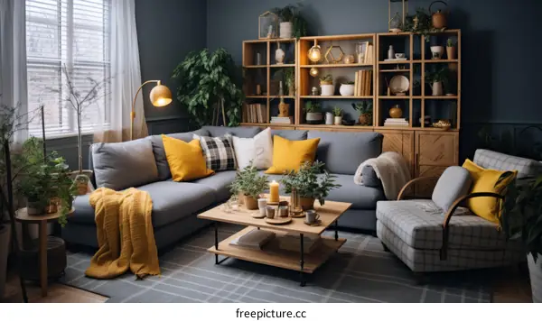 A cozy living room with a gray couch, yellow pillows, and wooden bookshelf