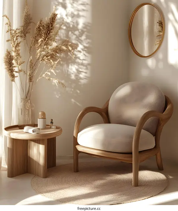 Wooden Armchair in a Cozy Living Room with Neutral Colors and Natural Elements