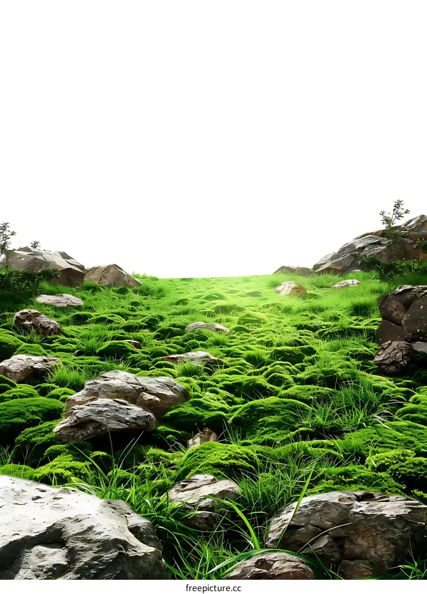 Green Moss Covered Ground with Rocks and White Background