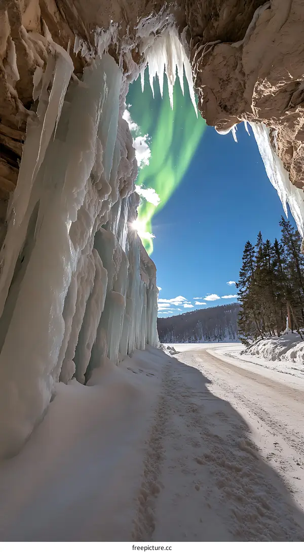 Frozen Waterfall with Aurora Borealis View