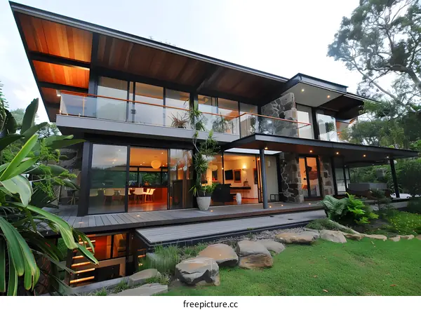 Modern House with Stone Facade and Large Deck