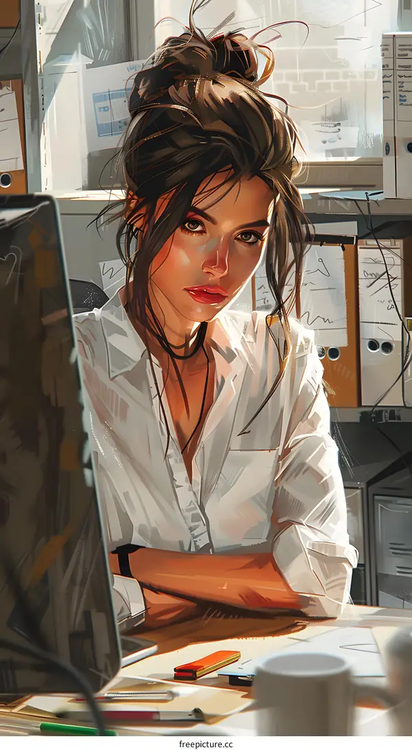 portrait of a beautiful woman in a white shirt sitting at a desk in an office