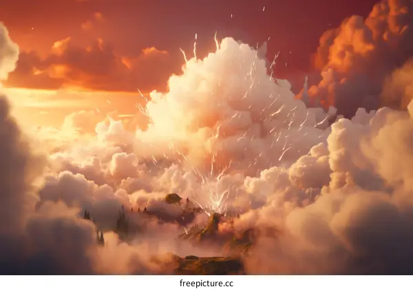 Fantasy landscape with a volcano erupting in the distance