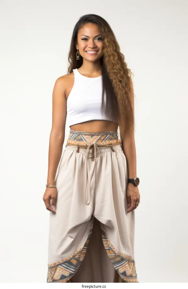 A young woman with long brown hair wearing a white crop top and tan pants with a colorful pattern around the waist