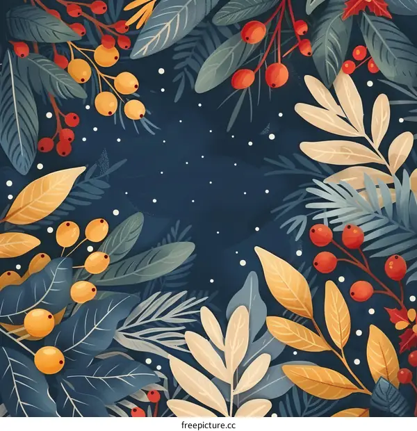 Dark Blue Background with Colorful Fall Leaves and Berries