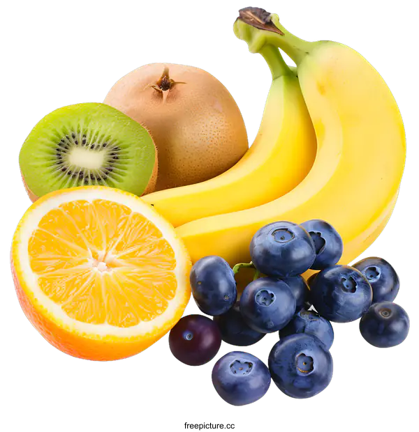 [Transparent Background PNG]Fresh Fruit Assortment with Orange Kiwi Banana and Blueberries