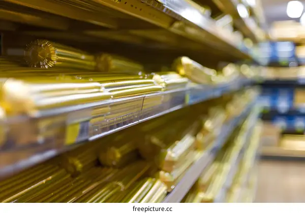 Gold Wrapped Chocolate Bars On Shelf In Grocery Store