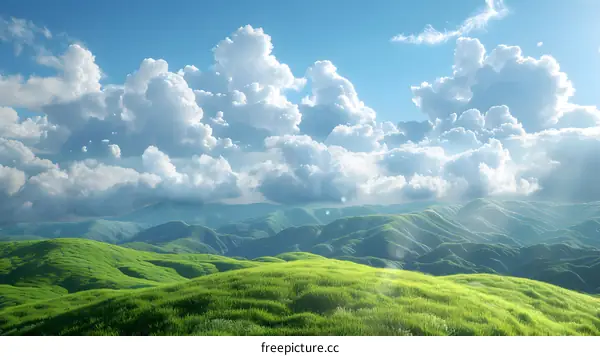 Green rolling hills under a blue sky with white clouds
