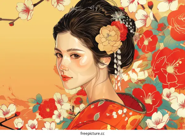 An illustration of a Japanese woman wearing a kimono with flowers in her hair