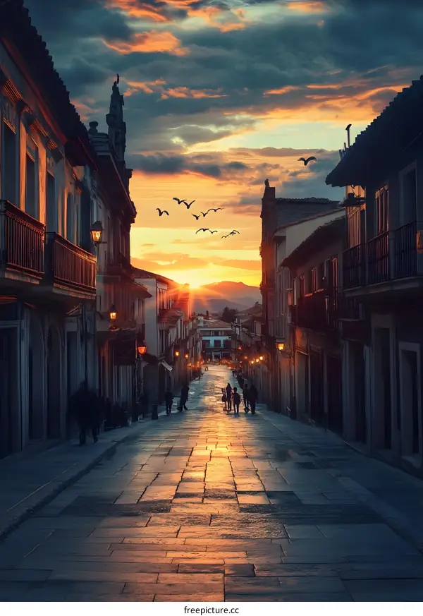 Sunset View of a Cobblestone Street in a European City