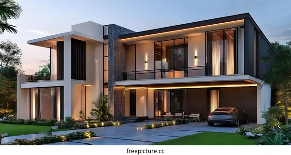 Modern House Design with Large Windows and Stone Facade