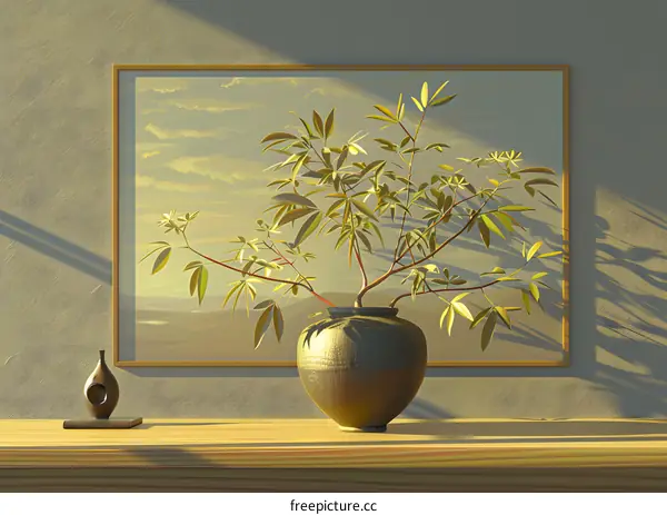 Minimalist Still Life with Plant in a Pot and a Landscape Painting