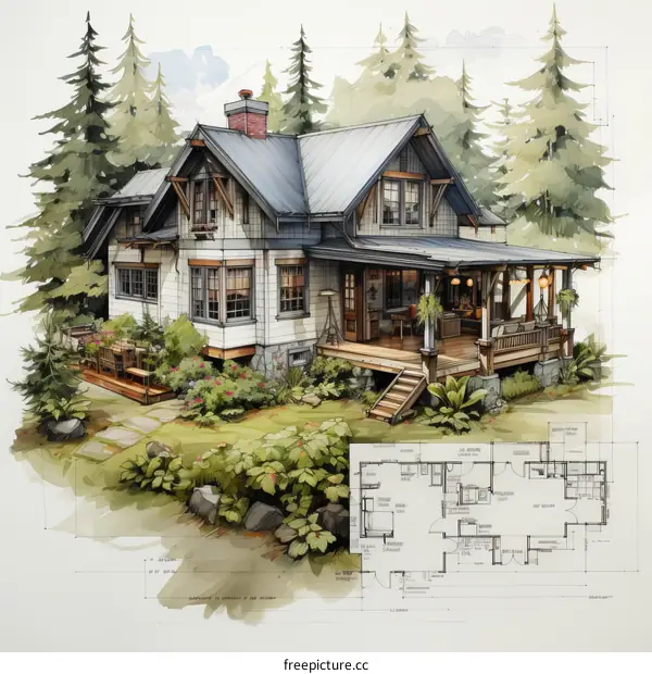 House Plan with Porch and Trees