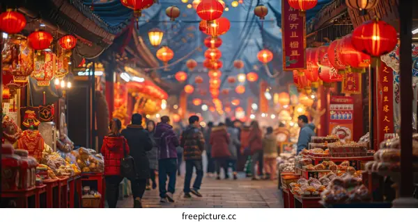A lively Chinese street market with people and red lanterns during the Spring Festival