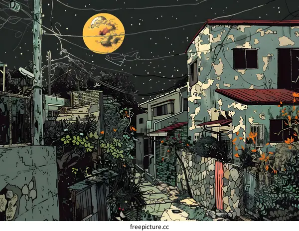 Nighttime Alleyway with Full Moon Illustration