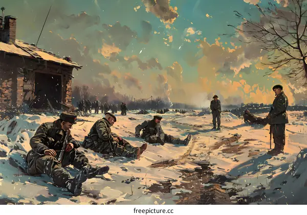 A group of soldiers resting in the snow during a lull in the fighting