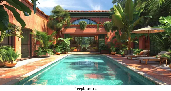 Courtyard with swimming pool and tropical plants