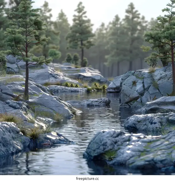 Tranquil River Flowing Through Rocky Landscape with Pine Trees