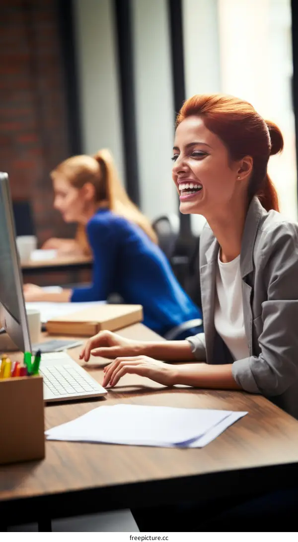 Redhead woman laughing while working on computer