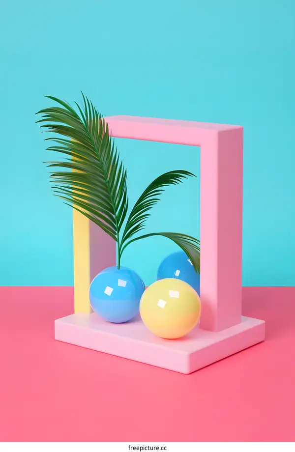 Tropical Minimalist Abstract Background with Palm Leaf and Colorful Balls
