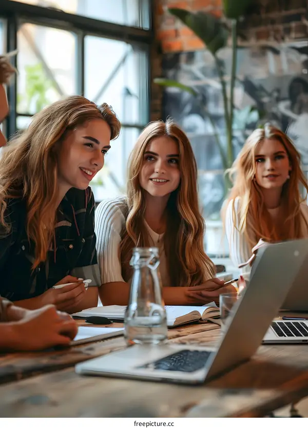 Four beautiful young women sitting at a table in a cafe discussing something and smiling