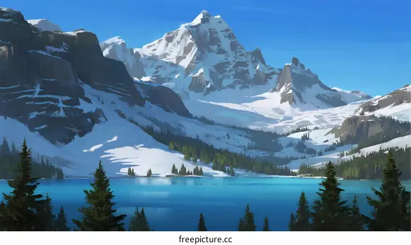 Snow-capped Mountain Peaks Overlooking Turquoise Alpine Lake