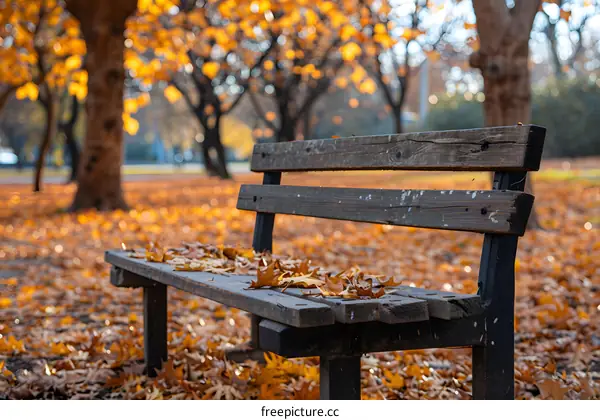 Empty Wooden Bench Surrounded by Fallen Autumn Leaves