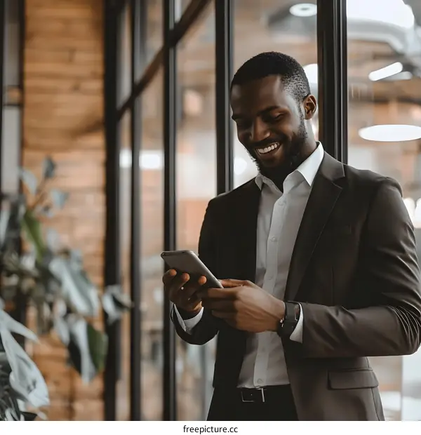 Smiling Black Businessman Using Smartphone in Office