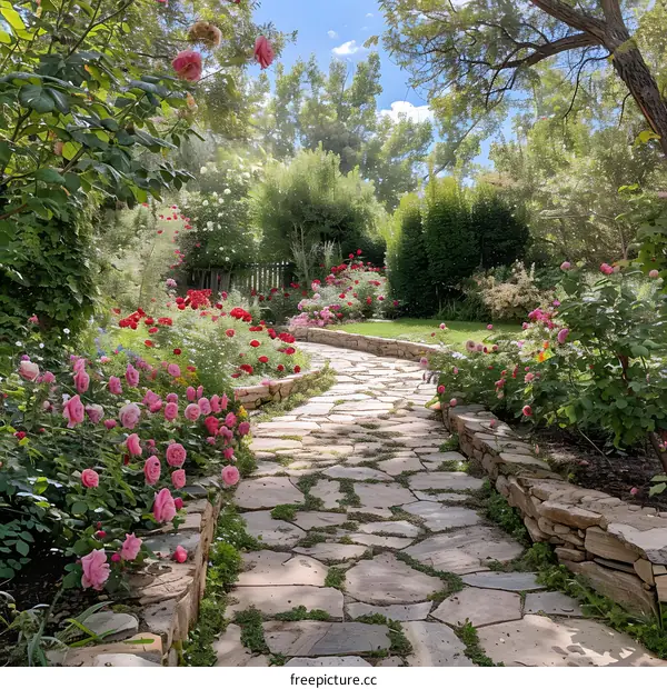 A beautiful garden with a stone path and colorful flowers