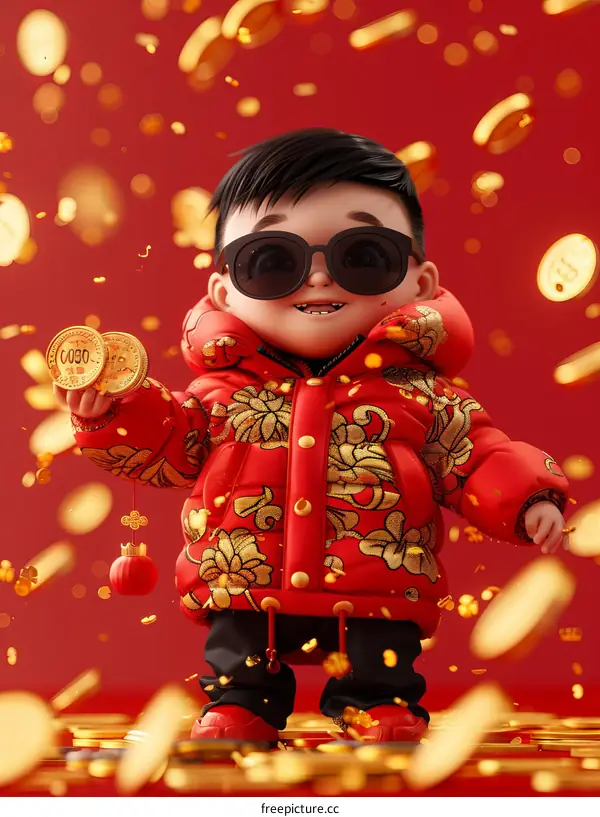 3D illustration of a Chinese boy wearing a red coat and sunglasses, holding a coin