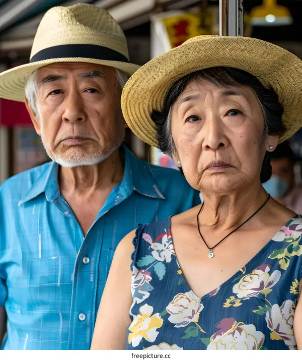 Japanese Couple Wearing Straw Hats and Looking at the Camera