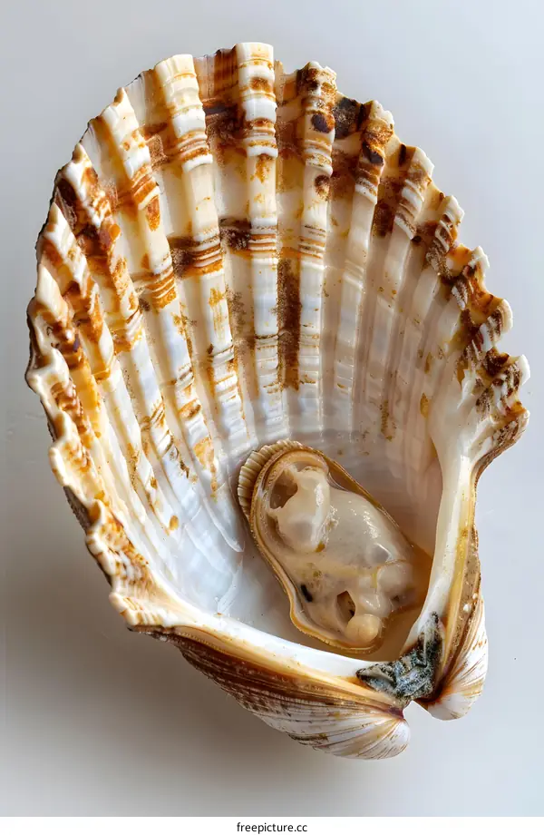 A close-up image of a clam shell with a pearl inside