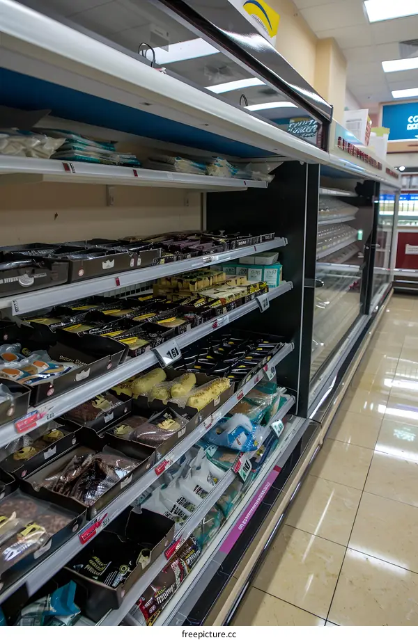 Supermarket Refrigerated Shelf With Variety Of Foods