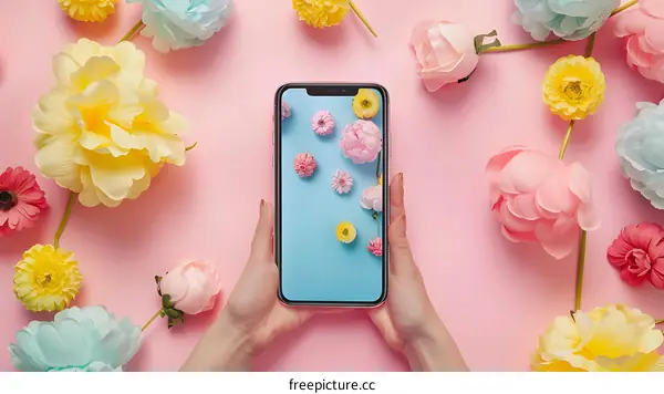 Flat Lay with Flowers and Phone in Hand