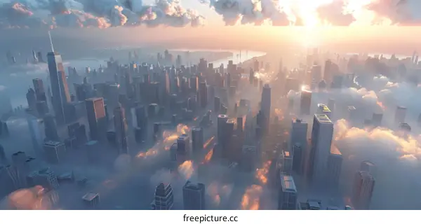Urban Metropolis of Towering Skyscrapers and Billowing Clouds