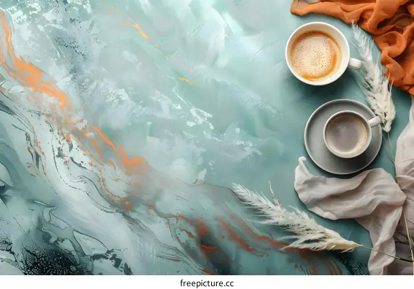 Coffee Cup Flat Lay with Teal and Gold Background