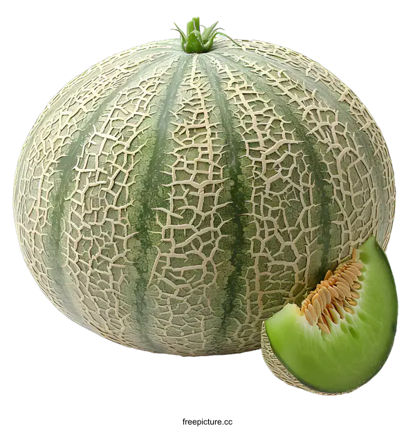 [Transparent Background PNG]A large green melon with a slice cut away from it