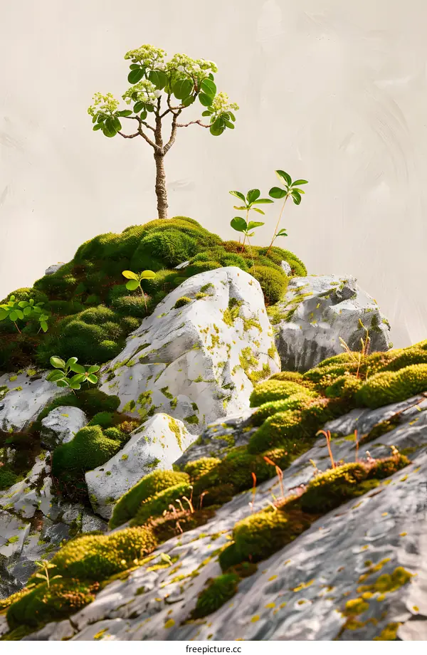 Green Moss and Small Tree on Grey Rock