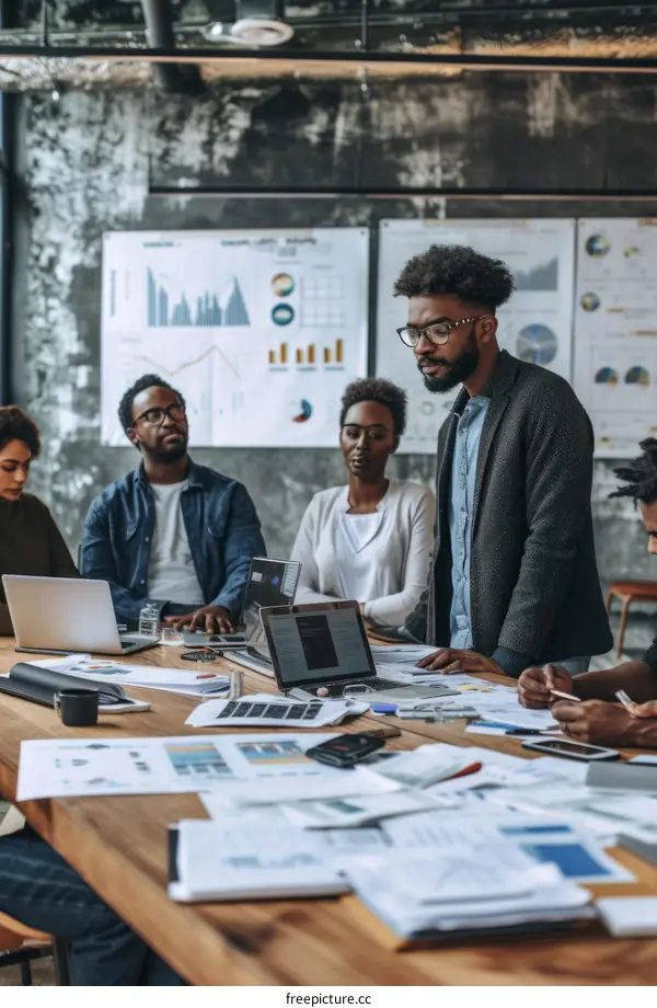 A group of African American business professionals having a meeting in an office