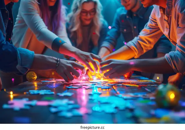 A group of friends are working together to put together a puzzle.