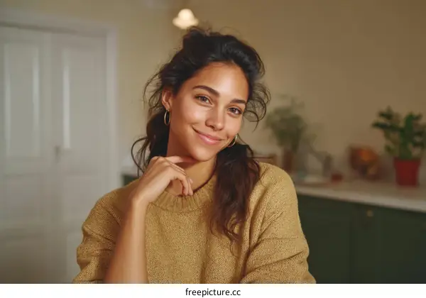 Portrait of a young woman with curly hair in cozy sweater