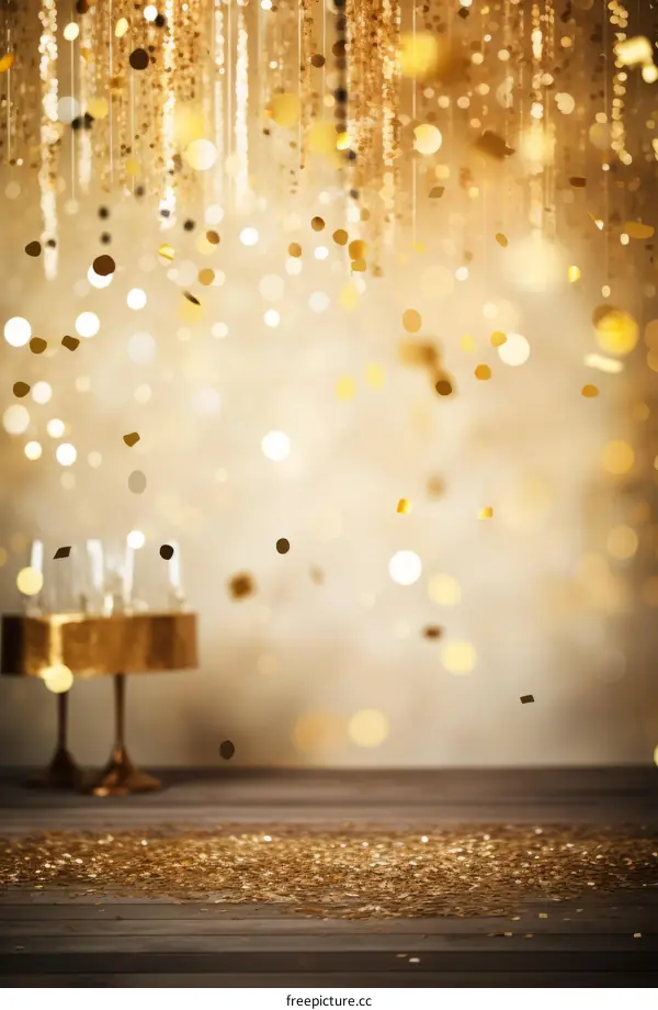 Golden confetti falling on a wooden table with a gold background