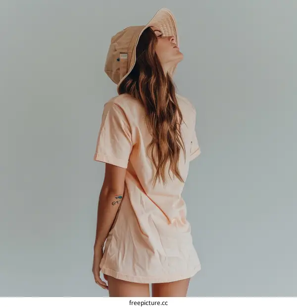 Young woman wearing a brown bucket hat and a beige oversized t-shirt