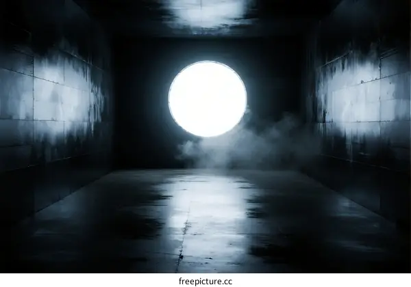 A bright circular light shining in a dark enclosed space with smoke