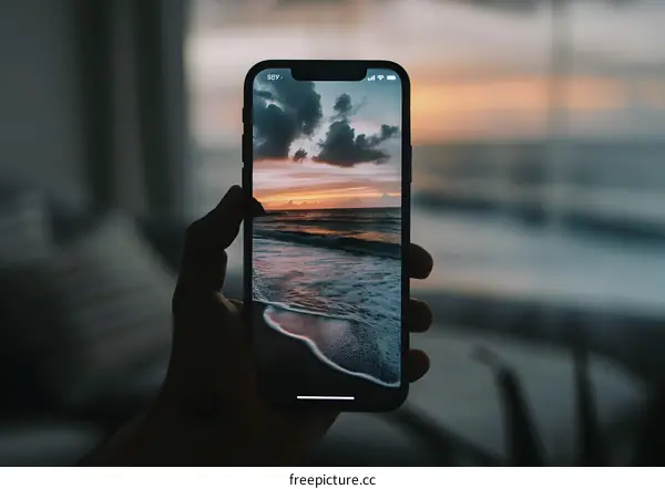 Hand Holding Smartphone with Sunset Beach Image